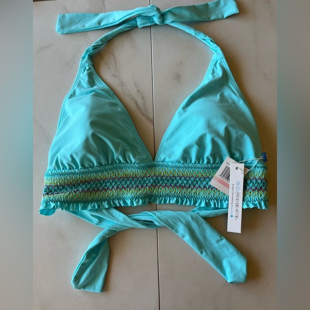 Nwt Bleu Rod Beattie Bleu fish embroider halter turquoise ruched bikini top